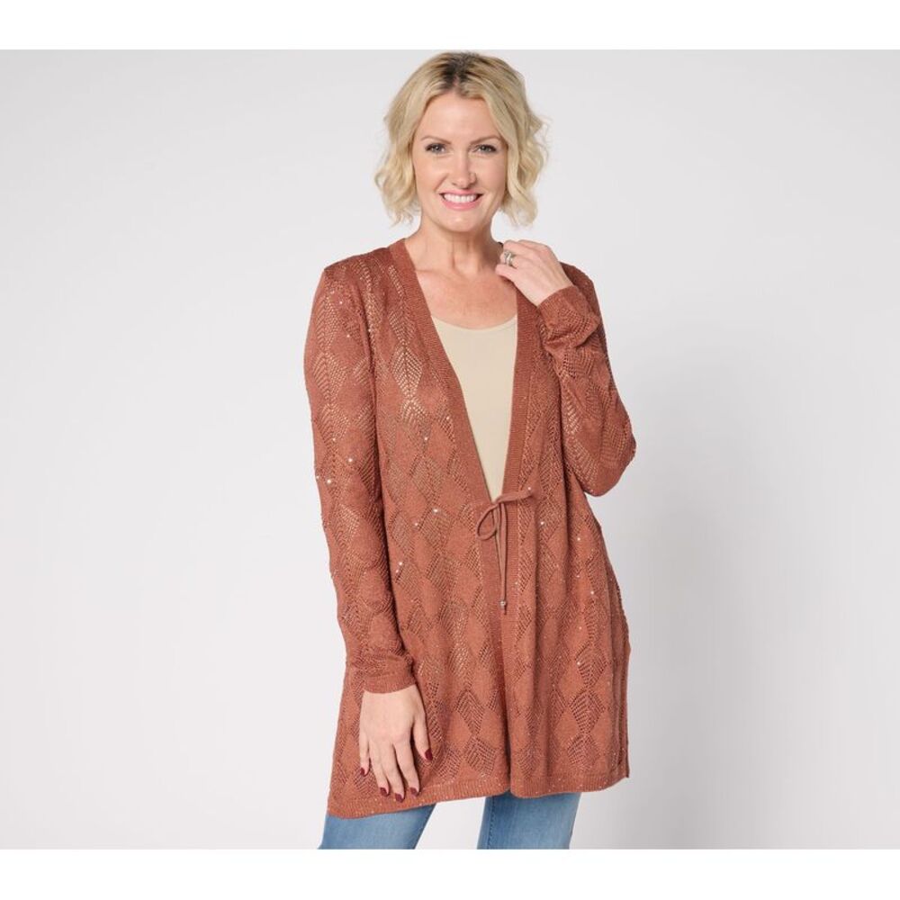 Susan Graver Women's Top Plus Sz Sweater 5X Soleil Open Stitch Brown A674671